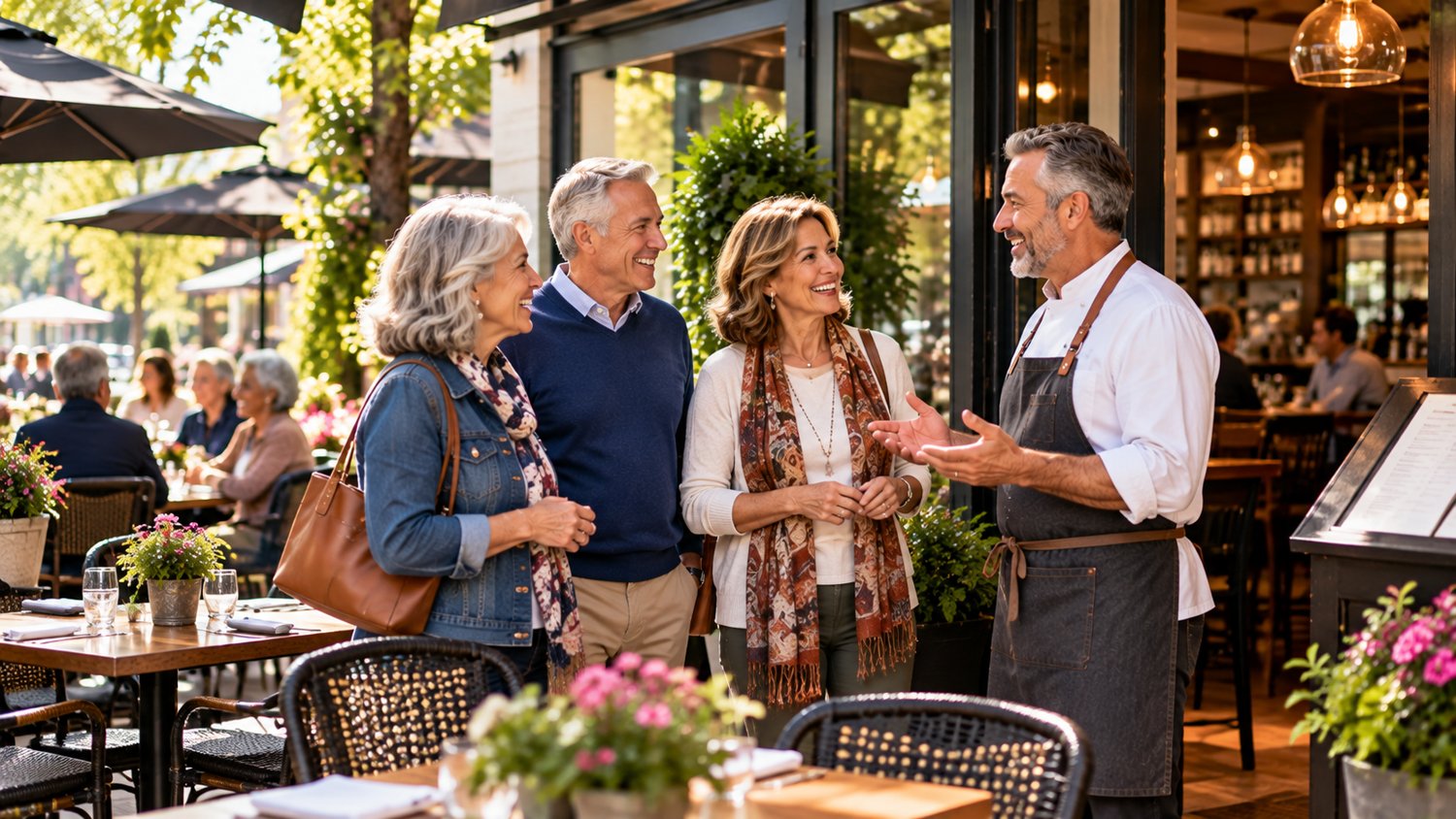 Adults 50 and older chatting with a local café owner outside a welcoming neighborhood restaurant